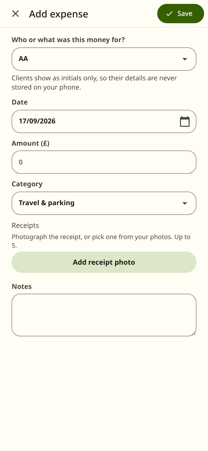 The lower half of the Add expense form: a Category box reading Travel & parking, and an Add receipt photo button under it.