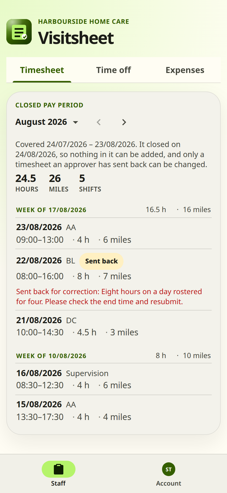 The Timesheet tab on a phone showing a closed pay period. The heading reads Closed pay period, the line under it says when it closed, and the shifts listed have no pencil or bin beside them.