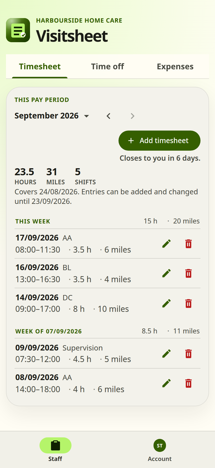 The Timesheet tab on a phone, headed This pay period. Each shift has a pencil to amend and a bin to delete beside it, and an Add timesheet button sits above the list.