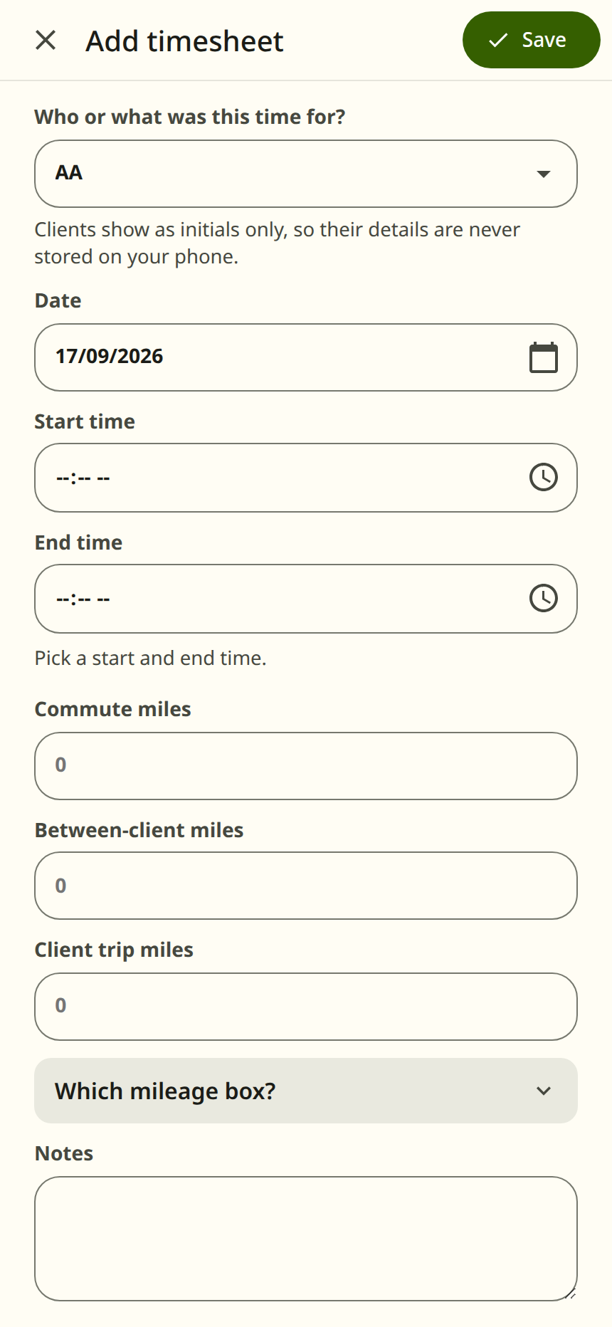 Three boxes on the Add timesheet form, one under the other: Commute miles, Between-client miles and Client trip miles, each holding 0.